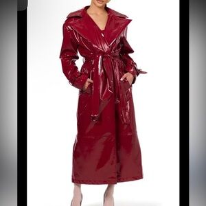 Naked Wardrobe NWT Vinyl Belted Trench Coat Jacket Dark Red